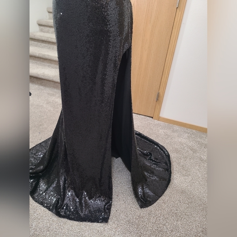 Morilee 48023 sequin sheer lace high slit beaded strap prom formal pageant dress - Picture 5 of 10